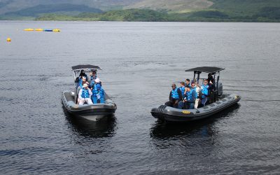 A corporate group on two speedboats at Loch Lomond