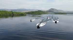 Group of Humber Speedboats on Loch Lomond Drone shot
